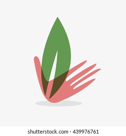 Leaf in hand logo. Organic Life symbol