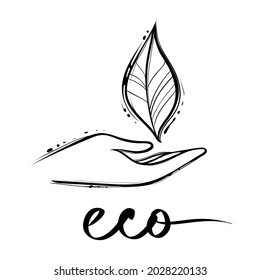 Leaf in hand logo, vector illustration, monochrome