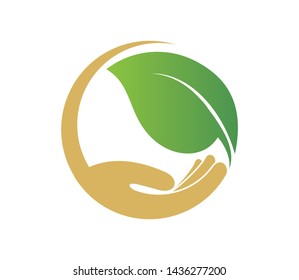 Leaf in hand logo.  Vector symbolic graphic representation of the plant. Hand Leaf icons design template