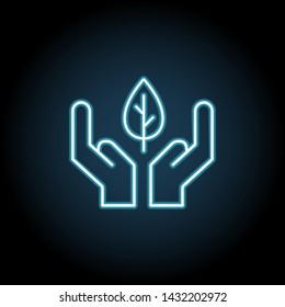 Leaf in hand neon icon. Simple thin line, outline vector of Sustainable Energy icons for UI and UX, website or mobile application
