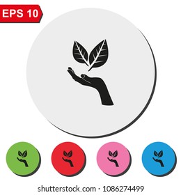 Leaf in a hand sign of environmental protection flat round colorful vector icon. Eco sign.