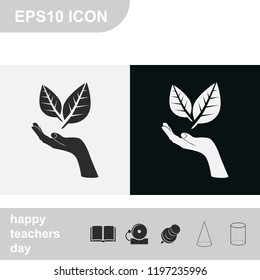 Leaf in a hand sign of environmental protection flat black and white vector icon. Eco sign.