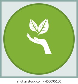 Leaf in a hand sign of environmental protection icon. Eco sign.