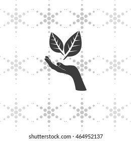 Leaf in a hand sign of environmental protection icon. Eco sign.