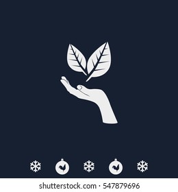 Leaf in a hand sign of environmental protection icon. Eco sign.