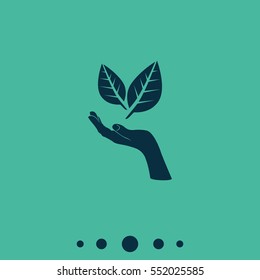 Leaf in a hand sign of environmental protection icon. Eco sign.