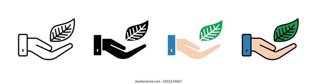 Leaf in Hand Vector Illustration Set. Plant Growth Protect Sign Suitable for Apps and Websites UI Design Style.