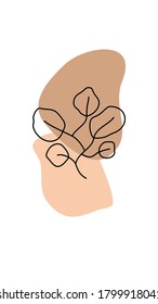 leaf handrawn line art, with background random shape color pantone earth, shape is solated, ready to print, layout for canvas.