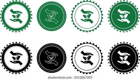 Leaf with Hands icon set. Ecology Stamps. Environment, sustainability, nature, recycle, renewable energy, eco-friendly, forest, wind power, green symbol. Solid icons vector collection.