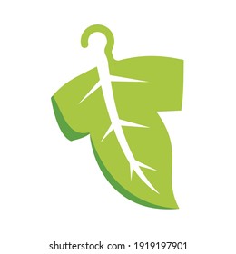 hoja con el símbolo de percha de la ropa gráfico vectorial. logotipo adecuado para ropa de naturaleza