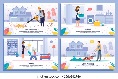 Leaf Harvesting, Cleaning Dust, Lawn Moving and Washing Trendy Flat Vector Banner, Poster Templates Set. Working Female, Male Cleaning Service Employees, Gardener, Hotel Attendant or Maid Illustration