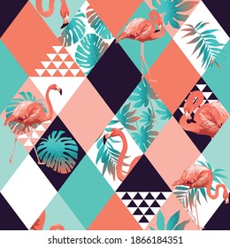 leaf hawaii pattern with flamingo in squares