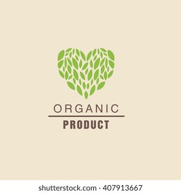 Leaf Heart Above Text Organic Product Logo Cool Flat Vector Design Template On White Backgeound