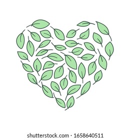 Leaf heart on white background with light green leaves. Ecology and sustainability themed poster with heart made of leaves. Trendy minimalist design. Line art. Vector illustration.