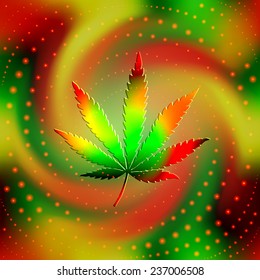 The leaf of hemp on blur spiral background. May be used as seamless pattern.