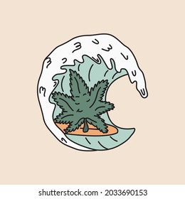 A leaf of hemp is surfing in a wave in the shape of a circle. Cannabis-themed vector graphics for T-shirt prints, posters and other purposes.