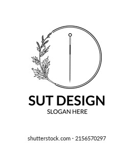 leaf herbal logo in line art style with needles