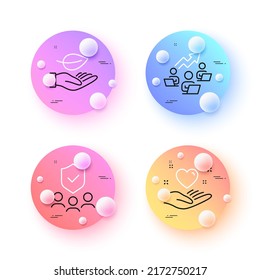 Leaf, Hold heart and Teamwork chart minimal line icons. 3d spheres or balls buttons. Security agency icons. For web, application, printing. Plant care, Friendship, Networking. Body guard. Vector