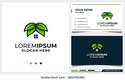 hoja con el concepto de diseño del logotipo del hogar, hojas y logotipo de la casa y plantilla de diseño de tarjetas de visita