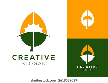Leaf with horizon line and sun logo design for nature