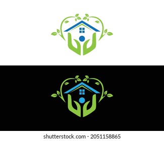 Leaf house with hand logo icon design concept vector template.