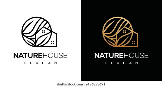 Leaf house icon logo. Green natural house logo, made with circle and house natural lines