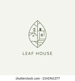 Leaf house lineal artístico minimalista diseño de símbolo de símbolo del logo. Ilustración del vector