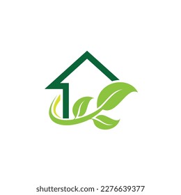Leaf and house logo concept with line art style. Real estate, environment design template. Vector Illustration