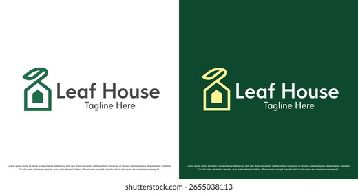 Leaf house logo design illustration vector. Natural building silhouette. Simple abstract vector icon symbol eco environment.
