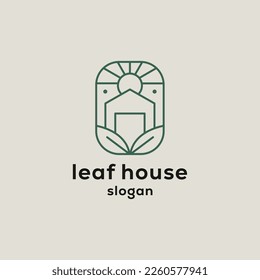 Logo de la casa de la hoja en el arte de la línea de color verde