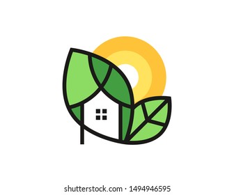 Leaf house logo symbol design vector. simple line art leaf house logo template.  green house logo concept design