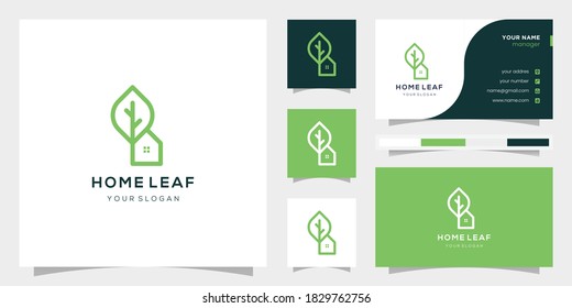 monograma de hoja y casa, logotipo y tarjeta de visita, Vector Premium