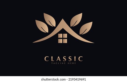 Blatt mit Haus-Immobilien-Vektorlogo, Monogramm-Vorlage
