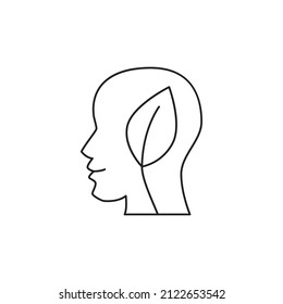 Icono de cabeza humana de hoja. Icono de estilo de línea de icono de mente verde, estilo aislado en fondo blanco