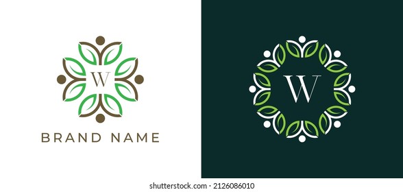 Símbolo de icono de la hoja y el logotipo humano con la plantilla del logotipo de la letra W. Vector