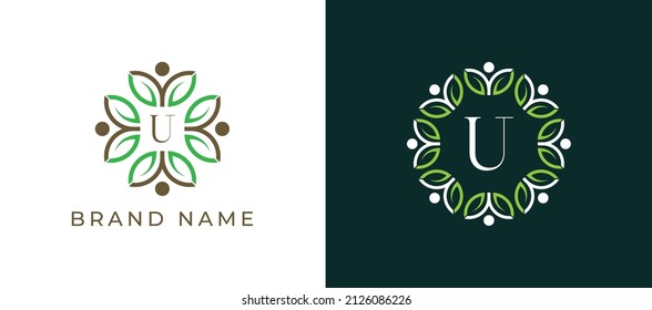 Símbolo del icono de la hoja y del logotipo humano con la letra U. Plantilla de logotipo del vector