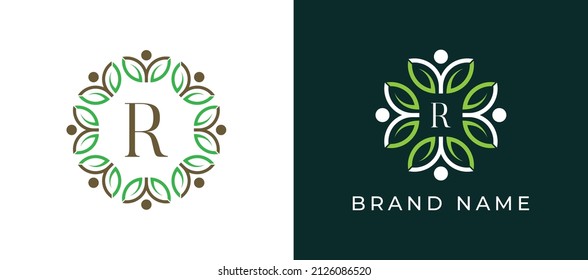 Símbolo del icono de la hoja y del logotipo humano con la letra R. Plantilla de logotipo del vector
