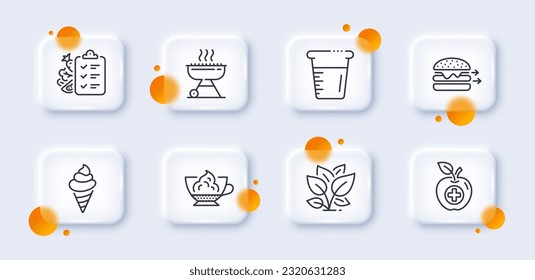 Leaf, Ice cream and Medical food line icons pack. 3d glass buttons with blurred circles. Espresso cream, Food delivery, Grill web icon. Cooking beaker, Diet menu pictogram. Vector