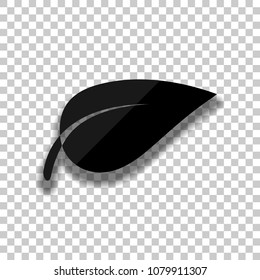 leaf icon. Black glass icon with soft shadow on transparent background
