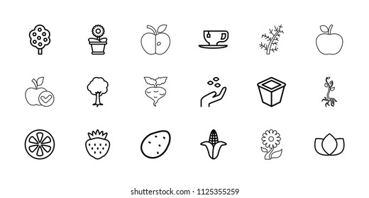 Leaf icon. collection of 18 leaf outline icons such as potato, corn, tree, hand with seeds, lotus, tea cup, pot for plants, flower pot. editable leaf icons for web and mobile.