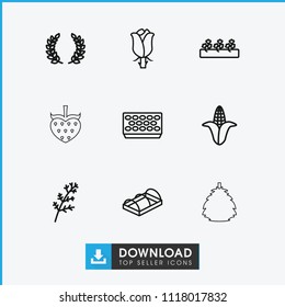Leaf icon. collection of 9 leaf outline icons such as deel, corn, pot for plants, sprout plants, rose, greenohuse, olive branch, berry. editable leaf icons for web and mobile.