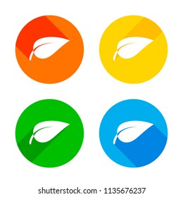 leaf icon. Flat white icon on colored circles background. Four different long shadows in each corners