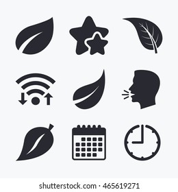 Leaf icon. Fresh natural product symbols. Tree leaves signs. Wifi internet, favorite stars, calendar and clock. Talking head. Vector