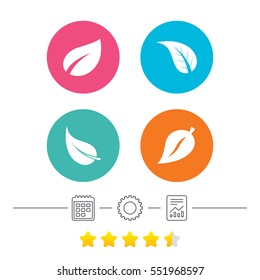 Leaf icon. Fresh natural product symbols. Tree leaves signs. Calendar, cogwheel and report linear icons. Star vote ranking. Vector