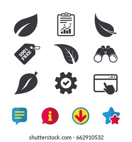 Leaf icon. Fresh natural product symbols. Tree leaves signs. Browser window, Report and Service signs. Binoculars, Information and Download icons. Stars and Chat. Vector