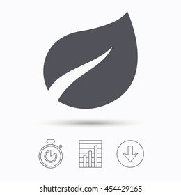Leaf icon. Fresh organic product symbol. Stopwatch, chart graph and download arrow. Linear icons on white background. Vector