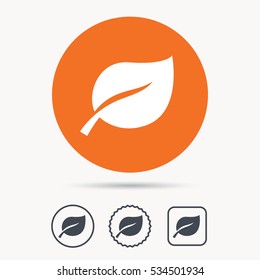Leaf icon. Fresh organic product symbol. Orange circle button with web icon. Star and square design. Vector