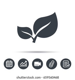 Leaf icon. Fresh organic product symbol. Calendar, chart and checklist signs. Video camera and attach clip web icons. Vector