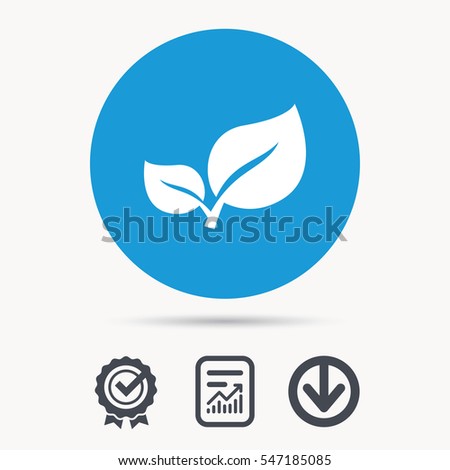 Leaf icon. Fresh organic product symbol. Achievement check, download and report file signs. Circle button with web icon. Vector