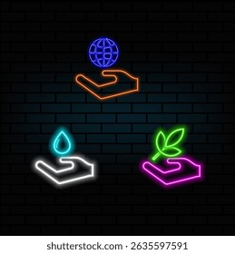 leaf icon in hand, symbol of human responsibility and care for nature, hand holding planet earth.hand with water. Save water and help for poor and homeless color icon. sign for ecology..